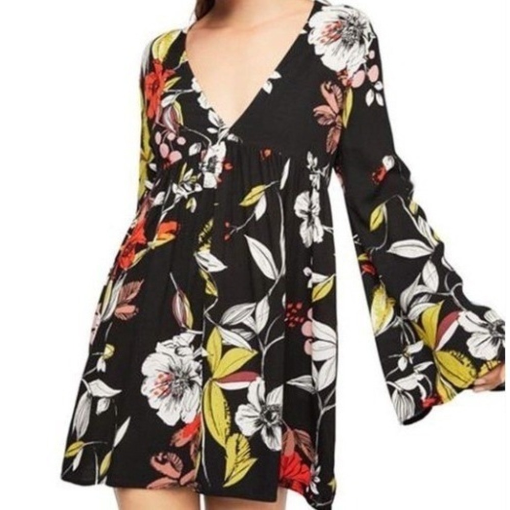Free People Bella Floral Babydoll‎ Tunic Top Mini Dress Black V-Neck XS